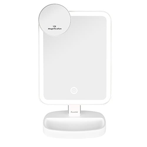 Auxmir LED Makeup Mirror with Touch Screen Dimming and 10x Magnification Spot Mirror, Tabletop Cosmetic Mirror 180°Adjustable, Natural LED for make-up, shaving and facial care, white