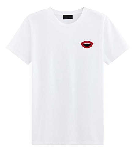 Red Lips Embroidered T-shirt White Small