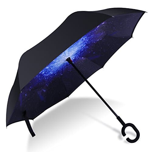 Windproof UV Protection Reverse Folding Double Layer Inverted Umbrella with C shape Handle, Self Standing, Inside Out , Hand Free, Best for Travelling and Car Use (Blue Galaxy)