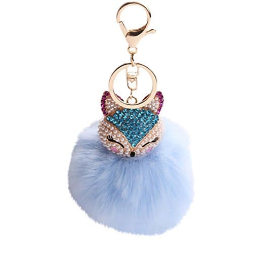 WYXlink Key Chains For 1PC 8CM Fox Fur Ball With Artificial Fox Head Inlay Pearl Rhinestone Key Chain Pendant Jewelry Accessories Collectors Gift (approx 8X8CM, Sky Blue)