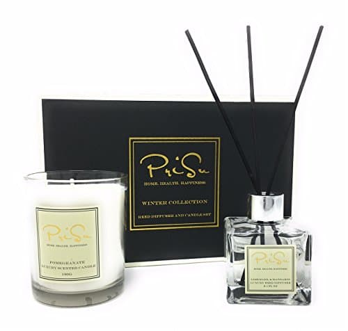 PriSu Special Edition Gift Set - Lime Basil &amp; Mandarin Scented Essential Oil Reed Diffuser (2.1 fl oz) and Pomegranate Scented 100% Soy Wax Candle (5.6 oz)