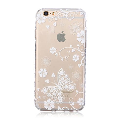 iGrelem® iPhone 6 Plus/6S Plus Transparent TPU Soft Case [with Free Tempered Glass Screen Protector], Non-Slip, Perfect-Fit Designed Protective Back Cover for Apple iPhone 6 Plus/6S Plus 5.5 Inch, Star, Tree, Flowers, Rose, Butterfly Pattern Phone Case for iPhone6 Plus iPhone6S Plus (Butterfly #2, White)