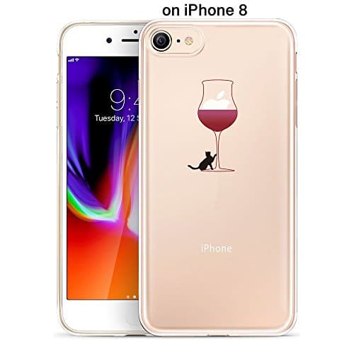 iPhone 8 Case, TrendyBox Clear Flexible TPU Gel IMD Case for iPhone 7 and iPhone 8 with Tempered Glass Screen Protector (Cat and Red Wine)