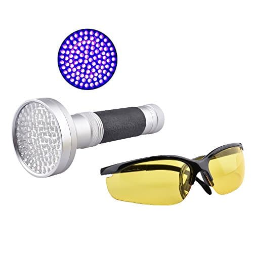 MEAOR 100 LED UV Flashlight Blacklight Torch with UV Safety Glasses Pet Stain Urine Detector for Scorpions, Bed Bugs, Car Freon Leaks, Baby Clothes, Kitchens, Bathroom, Authenticate Currency