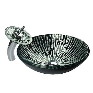 TY Stripe Pattern Tempered Glass Bathroom Sink Set (with Waterfall Faucet, Mounting Ring and Water Drain)