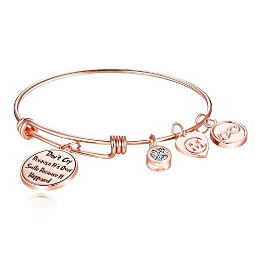 Inspirational Charm Bangle Bracelet Engraved "Don't cry because it's over, smile because it happened" Motto Jewelry Gifts for Womens, Girls, Graduates, Students, Daughters, Granddaughters