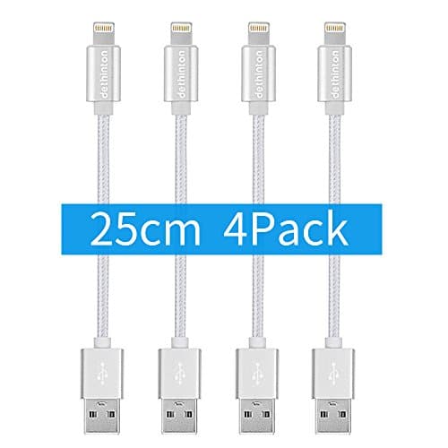 iPhone Charger Cable short with Ultra Slim Connector(4 Pack 25cm)DETHINTON Nylon Braided short iPhone Cable LIFETIME WARRANTY Lightning Cable for iPhone X / 8 / 8 Plus / 7 / 7 Plus / 6 / 6 Plus / 5S-silver