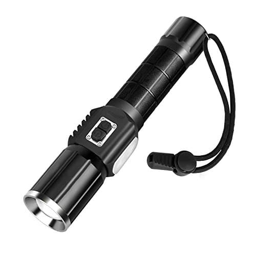 USB Rechargeable Torch CREE XML T6 Adjustable Focus Tactical Flashlight with Side Light and 7 Modes ，1x Rechargeable Li-ion 18650 Battery Included