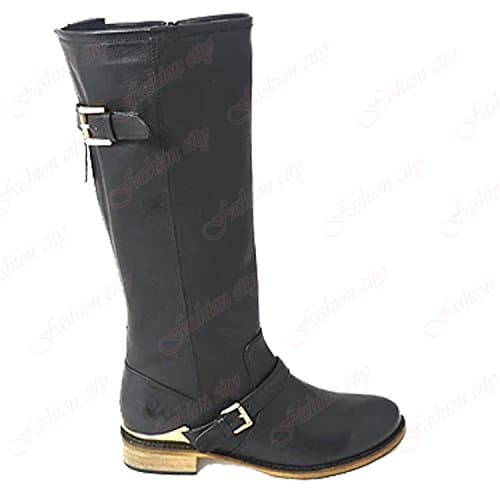 New Ladies Elasticated Designer Buckle Stretch Flat Comfortable Riding Boots 3-8 (UK:{6}, Black)