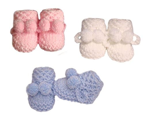 Hand Knitted Honeycomb Pattern Aran Baby Booties Bootees With Pom Pom Ties - Premature, Newborn, 0-3 Mths (Early Baby 3-4 lbs, White)