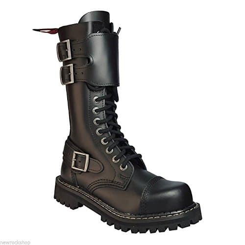Angry Itch 14 Hole Gothic Punk Black Buckle Front Shield Leather Ranger Boots Steel Toe (UK Ladies 3 EU 36)