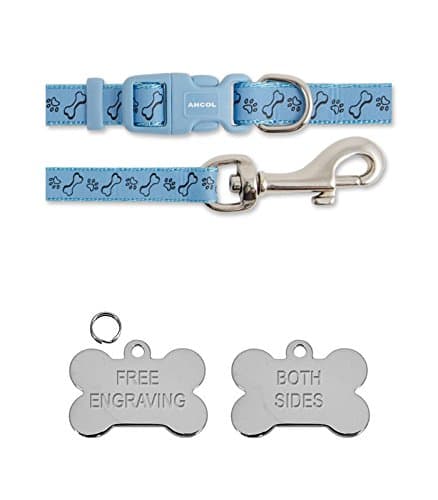 Ancol Blue Bone & Paw Small Bite Bone Puppy Small Dog Collar and Lead Set With Silver Bone ID Tag