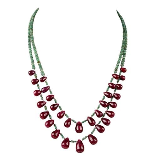 223.70 CARATS 2 STRAND NATURAL RUBY &amp; EMERALD 925 STERLING SILVER BEADED GEMSTONE NECKLACE