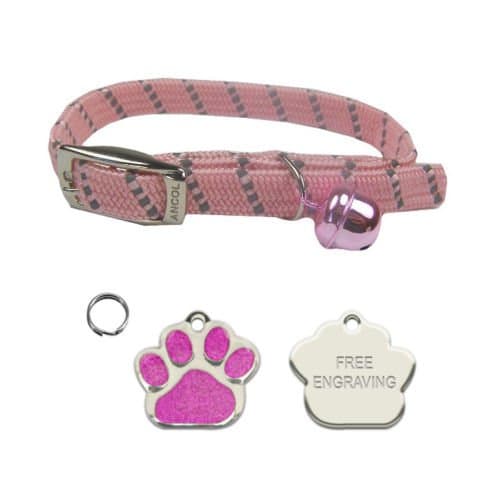 ANCOL Cat Pink Reflective Elasticated Softweave Collar With Paw Print Shaped Glitter Cat ID Tag