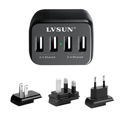 4 Ports USB Wall Charger - Compact, 3 Interchangeable Plugs Ideal for Travel - Fit for iPhone iPad, Samsung Galaxy, HTC Nexus Moto Blackberry, Bluetooth Speaker Headset, Power Bank and More