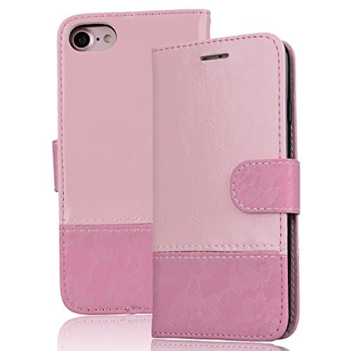VemMore for iPhone 7 / iPhone 8 Wallet Case Premium PU Leather Double-Color Stitching Lace Design Magnetic Folio Flip Style Colorful Fold Wallet Pouch Case with Credit Card Slots for iPhone 7 / iPhone 8 - Rose Red Pink