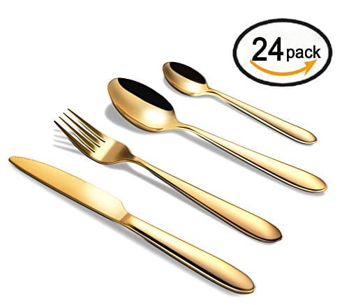 ROSE CREATE 24-piece Premium Stainless Steel Flatware Sets, 12 Spoons, 6 Knives, 6 Forks, Fork and Knife Box Set (Golden - 6 Sets, Pack of 24)