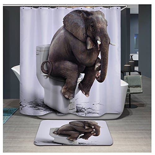 3D Shower Curtain and Bath Mat Set, Waterproof Polyester Animals Pattern Bathroom Shower Curtain(71 x 71 inch) and Memory Foam Soft Bath Mats Rugs(16*24 inch) (Elephant)