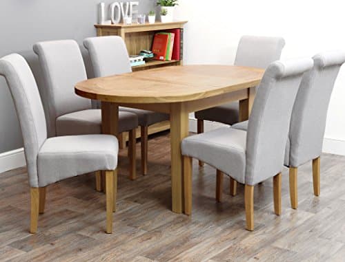 Harts Oak Extending D-End Round Chunky Table & 6 Chairs (Light Grey, Highland)