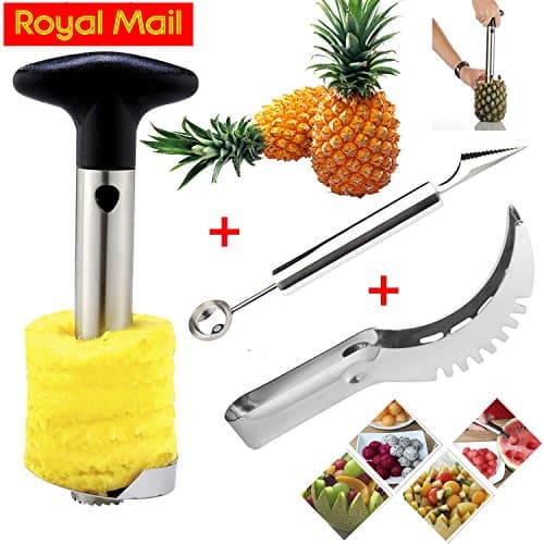 Multi-functional Pineapple Cutter Peeler + Melon Carving Knife/Spoon + Watermelon Slicer Cutter Fruit Tool Set (Watermelon Slicer/Fruit Dig Baller/Pinapple Peeler)