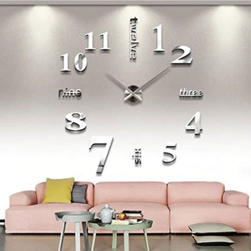 DIY Large Wall Clock 3D Mirror Surface Sticker Home Decoration Art Design (Silver)