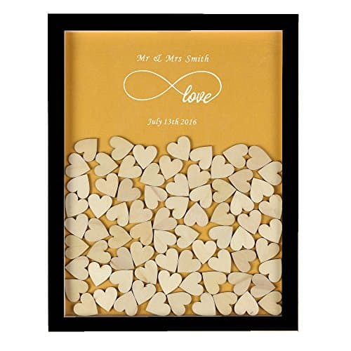 YS2016 Personalised Engraved Infinity Love Rustic Drop Top Wooden Frame Wedding Guest Book With 130 Small Wood Hearts (Black &amp; Pearl Gold)