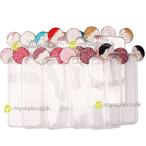 3D Bling Mickey Mouse Ears Shiny Glitter Crystal Diamond Back Case Cover Transparent Soft TPU With Free Neck Strap For Apple iPhone 6 - Silver and Black