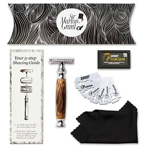 Shaving Kit by Sir Marlon Grant – Gift set including a double edge safety razor with chrome &amp; Bamboo wooden handle, 5 Derby Premium razor blades &amp; a microfiber cleaning cloth – for traditional wet shaving