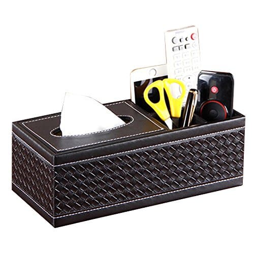 Japace® 3 Slot Muti-functional Large Leather Rectangle Desktop Organizer Storge with Tissue Box for Office and Home Use(Business Card/Pen/Pencil/Mobile Phone/Remote Controller/Cosmetics Holders) - Black Woven Pattern