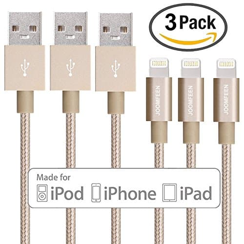 iphone Charger, JOOMFEEN 3Pack 3ft/1M Lightning Cable 8pin Nylon Braided USB Charging Cord Syncing Wire for Apple iphone 7/7 Plus/se/6s/6s plus/6plus/6,5s/5c/5,iPad Mini/Air/Pro,iPod (Gold)
