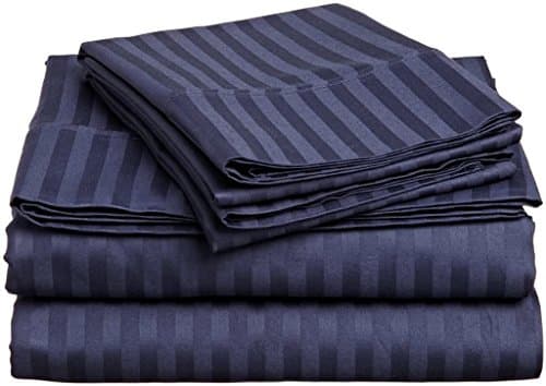 Max Staunch offers- Elegant 4-piece sheet set (1 Fitted Sheet + 1 Flat Sheet and 2 Pillow Cases) 100% Cotton 400 TC Fit up to 35 cm mattress. (UK Caesar, Navy Blue Stripe)