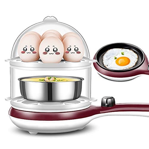 Egg Boiler Egg Cooker Egg Steamer With Removable Tray \u0026 Auto Shut Off Feature Multi-Function Double Egg Boiler Mini Small Egg Boiler Automatic Power Off Frying Pan Three-in-One Breakfast Machine,Brown