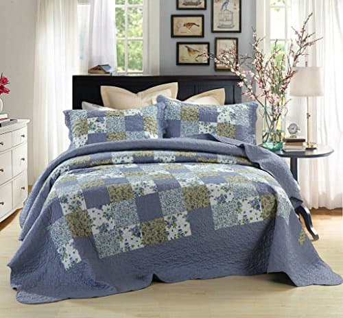 DaDa Bedding Plaid Flannel Checkered Quilted Bedspread Set, Blue, Queen