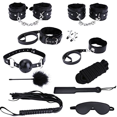 Catata 10 Piece Bed Restraints Kit with Adjustable Fur Leather Cuffs Blindfold for Cosplay