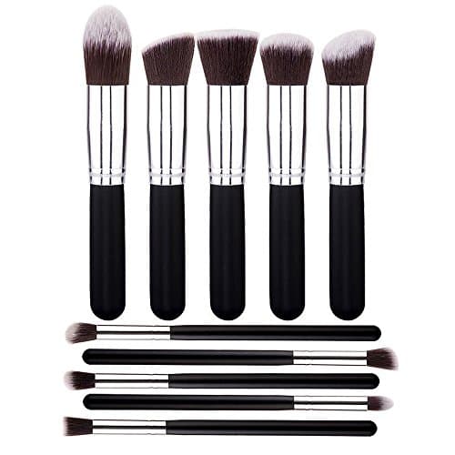 BYBO® 10 Pcs Professional Make up Brush Set Face Foundation Blusher Cosmetic Contour Lip Eye Eyebrow Cheek Liquid Cream Powder Applying Tool Kit (Black Silver)