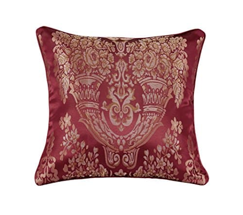 Luxury Jacquard 7PCS (Pieces) Complete Bedding Quilted Bedspread Bed Sets Comforter Set Bed Throw Including 1 Bedspread 2 Pillow 1 Valance Sheet 1 Cushion Cover 1 Decorative Pillow 1 Neck Pillow &amp;Pair of Matching Eyelet Ring Top or Pencil Pleat Fully Lined Ready Made Jacquard Curtains with Free 2 Tie Backs (Sandra Burgundy, 18" X 18" Cushion Cover Only)