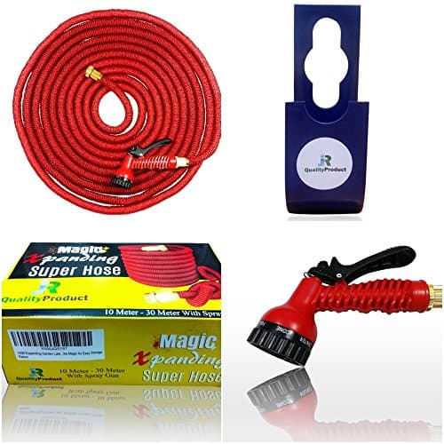 100ft The Latest Generation Red Expanding Super Hose Pipe & Hanger with 7 Function Spray Gun and Fitted Garden Tap Connector – This Expandable Hose is Manufactured to a higher Tough Specification – Inner Hose is Strong Double Latex, Outer Hose is New 5000 X 5000D Fabric – Warranted - 6 Months Expands up to 3 Times its Original Length – Lightweight and No more Kinking – Shrinks like Magic for Easy Storage.