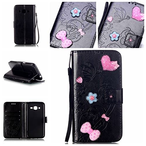 Samsung Galaxy J7 (2015) PU Leather Case with Hand Strap, Fashionable Design with Kickstand Cases Covers Shells for Samsung Galaxy J7 (2015) Black (5.5 inch)