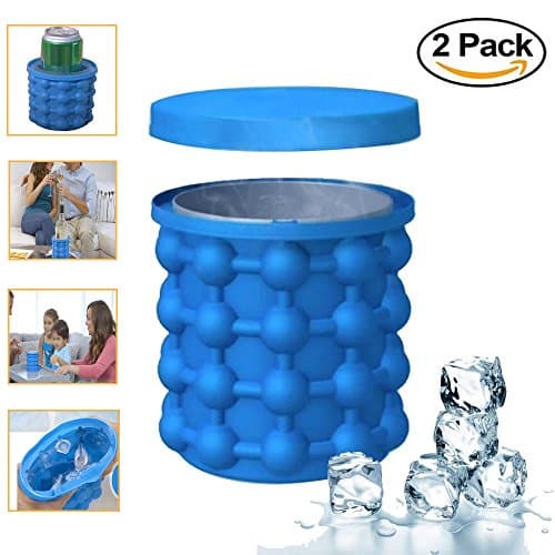 2 Pcs Ice Bucket, 2 in1 Ice Cube Silicone Molds Ice Bucket, Ice Cube Maker can hold up to 3 batches of ice cubes or 120 cubes, Use For Whiskey Ice and Cocktails, Food Grade Silicone , Reusable and BPA Free (Blue)