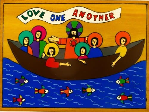Love One Another plaque 20 cm x 15 cm.Image of Christ with his Disciples. Hand made in El Salvador.