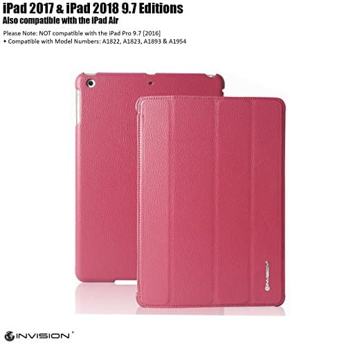 Invision iPad Case 9.7 inch 2018/2017 Protective Smart Cover with Triple-layer Protection &amp; Reinforced Impact Zones – Quality PU Leather Finish &amp; Microfibre Inner - Auto Sleep/Wake Function Hot Pink