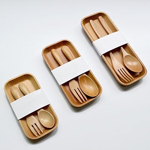 KAIMO 3 piece / set simple wooden spoon fork and tableware dish portable cute kids health pink wooden tableware set large size