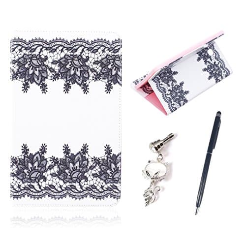 Spiritsun Samsung Galaxy Tab E (9.6 Inches) T560 Case,Samsung Galaxy Tab E (9.6 Inches) T560 Cover,Samsung Galaxy Tab E (9.6 Inches) T560 Leather Wallet Case Painted Pattern Series PU Leather Magnetic Smart Case Cover Stand Function Protective Sleeve Flip Holster with Stylus Pen and Pink Rose Flower Dust Plug - Black Flower