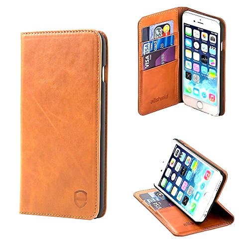 Allshield iPhone 6 &amp; 6S Case | Slim Real Leather Flip Wallet | 3 Card Slots &amp; Cash Pocket | Brown Tan