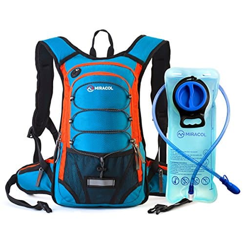 Miracol Hydration Backpack with 2L Water Bladder - Thermal Insulation Pack and Flow Tube Keeps Liquid Cool up to 4 Hours – Multiple Storage Compartment – Best for Hiking, Runing, Cycling, Skiing (Blue + Orange)