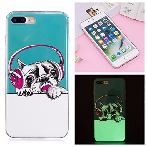 iPhone 7 Plus Luminous Case, Yunbaozi iPhone 8 Plus Case New Pattern Soft Silicone Case Transparent Protective Cover * Inner Pattern Never Peel Off * Flexible Smooth Skin TPU Rubber Cover Slim Lightweight Shell Glowing in the Dark * Anti-Shock Anti-Scratch Creative Design Cover for iPhone 7 Plus /8 Plus - Puppy Wearing Headphones
