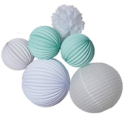 Under The Paper Lantern - Premium paper lantern set "GABRIEL" - 6 accordion paper lanterns, paper lantern and pompom in pastel aqua and white colors. Hanging kit included. For nursery and party decor.