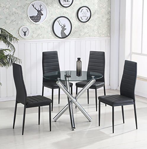 Schindora® Stunning Clear Glass Round Dining Table Set With 4 Faux Leather Chairs