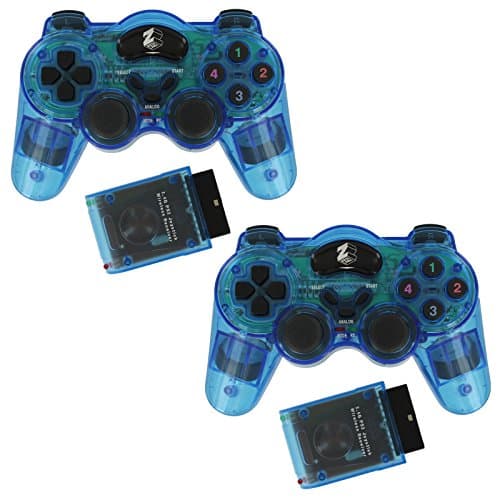 ZedLabz wireless RF double shock vibration gamepad controller for Sony Playstation 2 PS2 - Twin pack - Blue