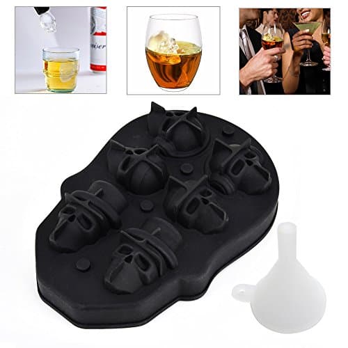 3D Skull Ice Cube Tray Mould 6 Skulls in Shape, OIZEN Food Grade Flexible Silicone Ice Cube Maker for Beer Whiskey Cocktails Parties, etc.(with extra Collapsible Funnel)